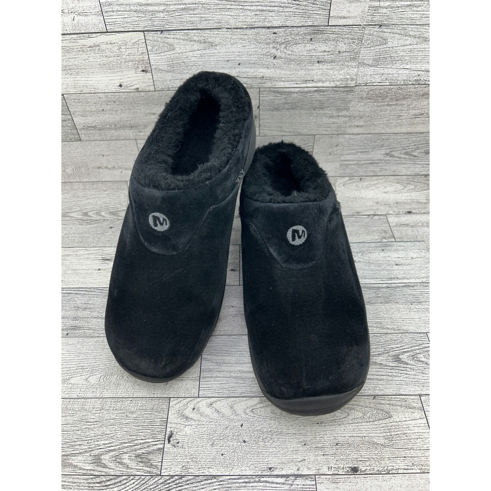 Merrell Encore Ice Black Suede Faux Fur Lined Clogs Women 9 J66602 Slip On Mules